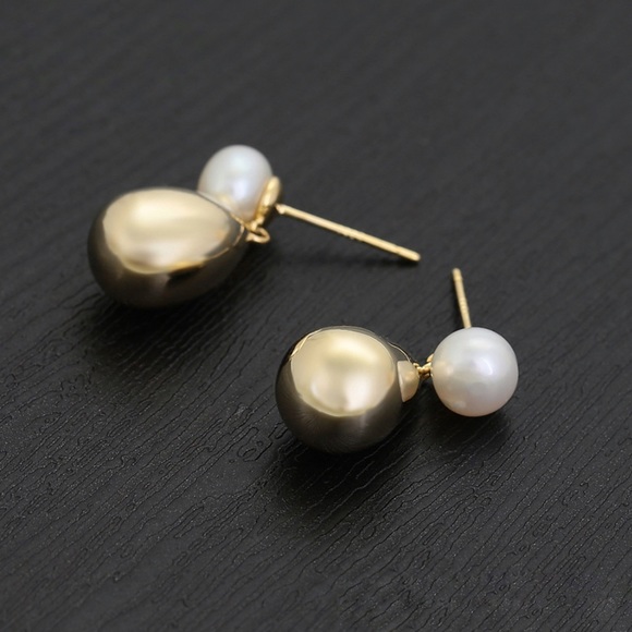 Tear Drop Pearl Earrings  925 Sterling Silver Mallorca Pearl 14k Gold Plated - Picture 2 of 10